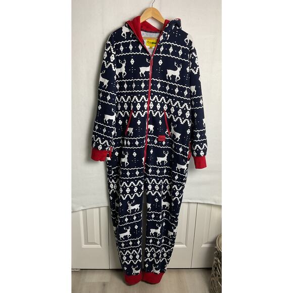 Tipsyelves Unisex Hooded Jumpsuit with Pockets Reindeer Fair Isle Full Zip XL - Picture 3 of 12